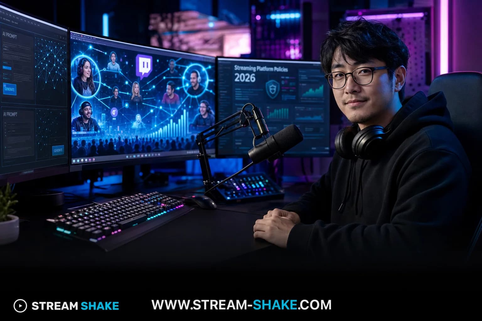 An abstract illustration depicting a diverse group of streamers on a futuristic Twitch-like platform, with glowing connections representing audience engagement and growth, set against a backdrop of data analytics and policy documents for 2026.