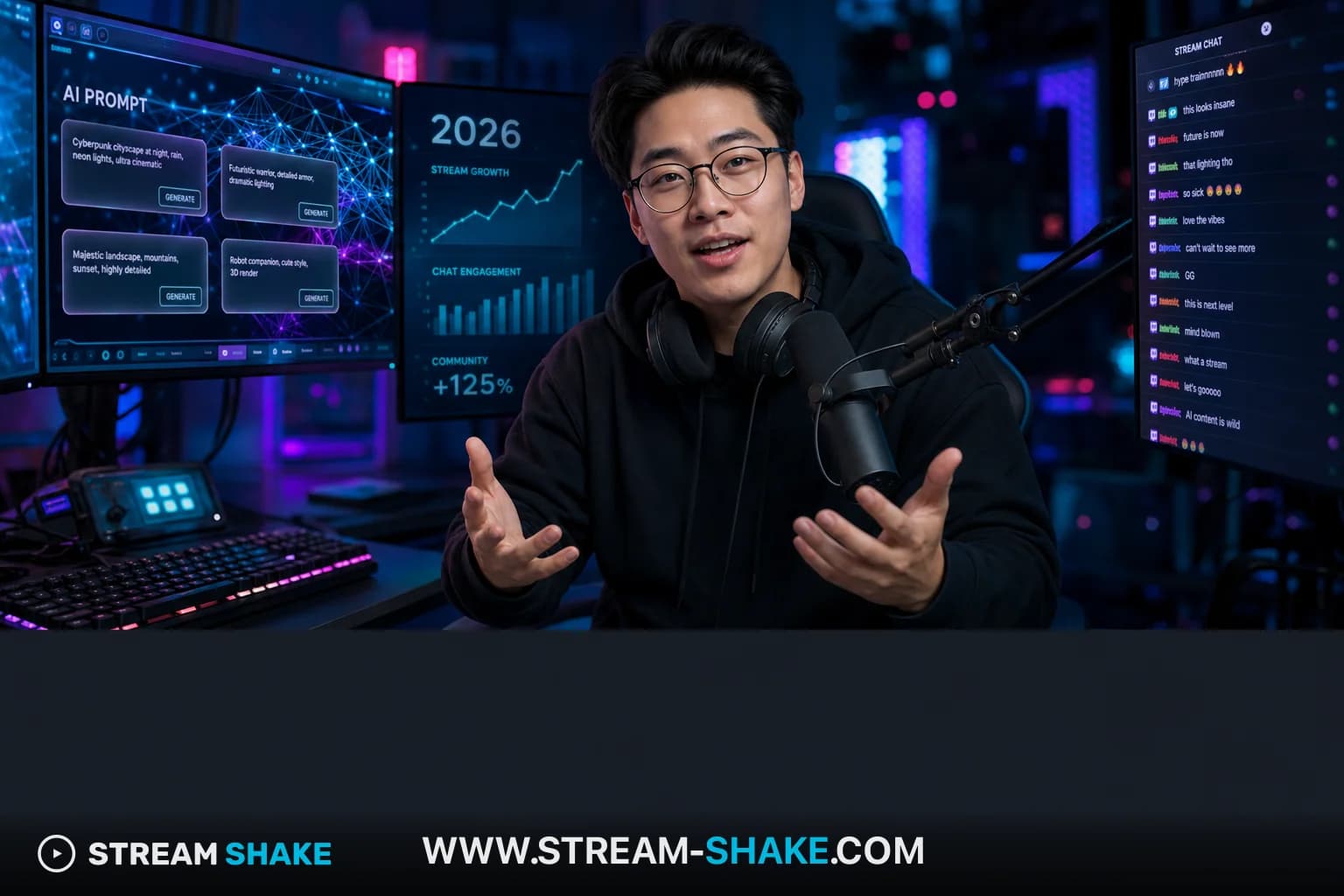 A streamer live on Twitch, engaging with chat, with a vibrant overlay, representing growth and engagement in 2026.