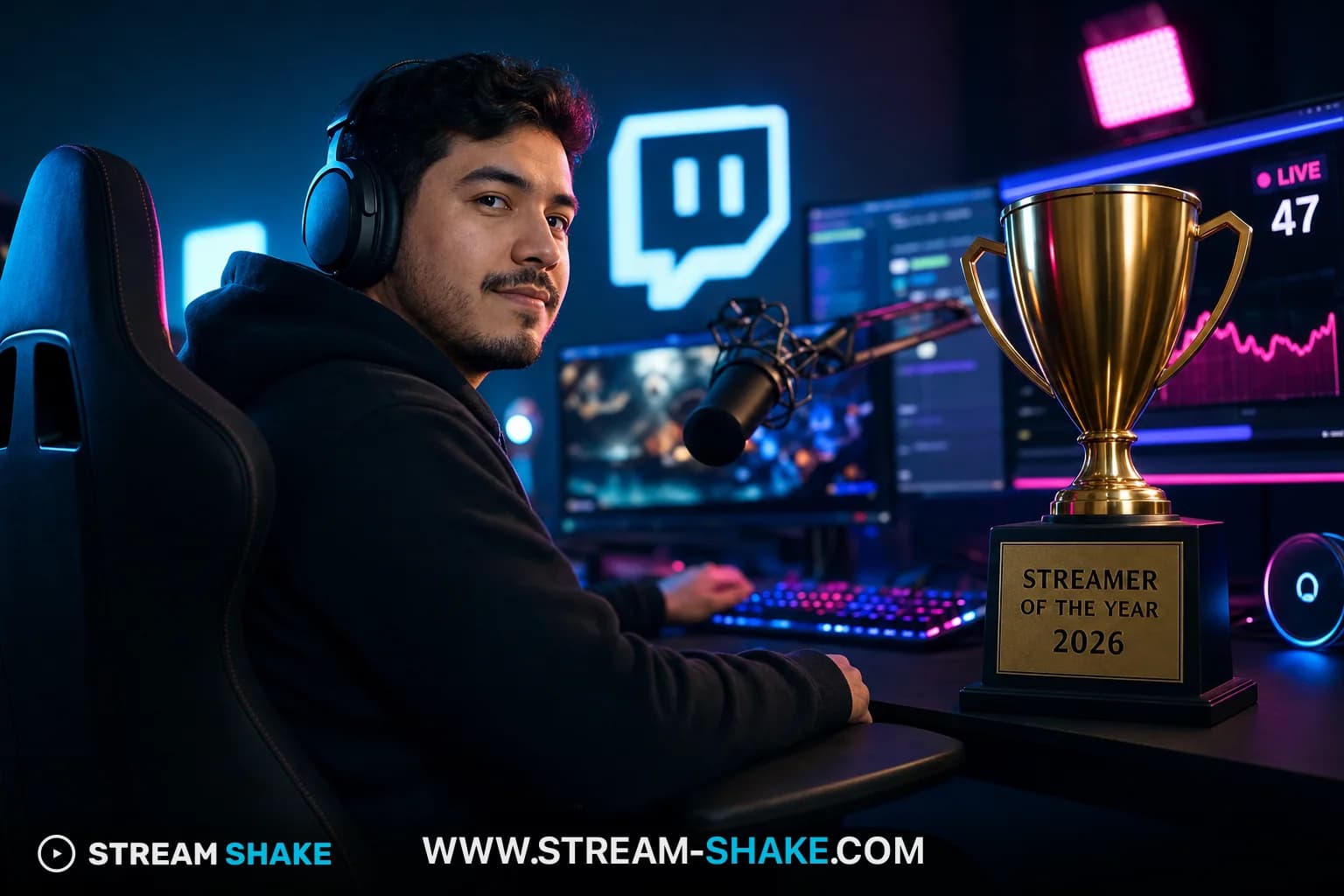 A golden trophy for 'Streamer of the Year 2026' on a pedestal, with a Twitch logo background, representing success and achievement in live streaming.