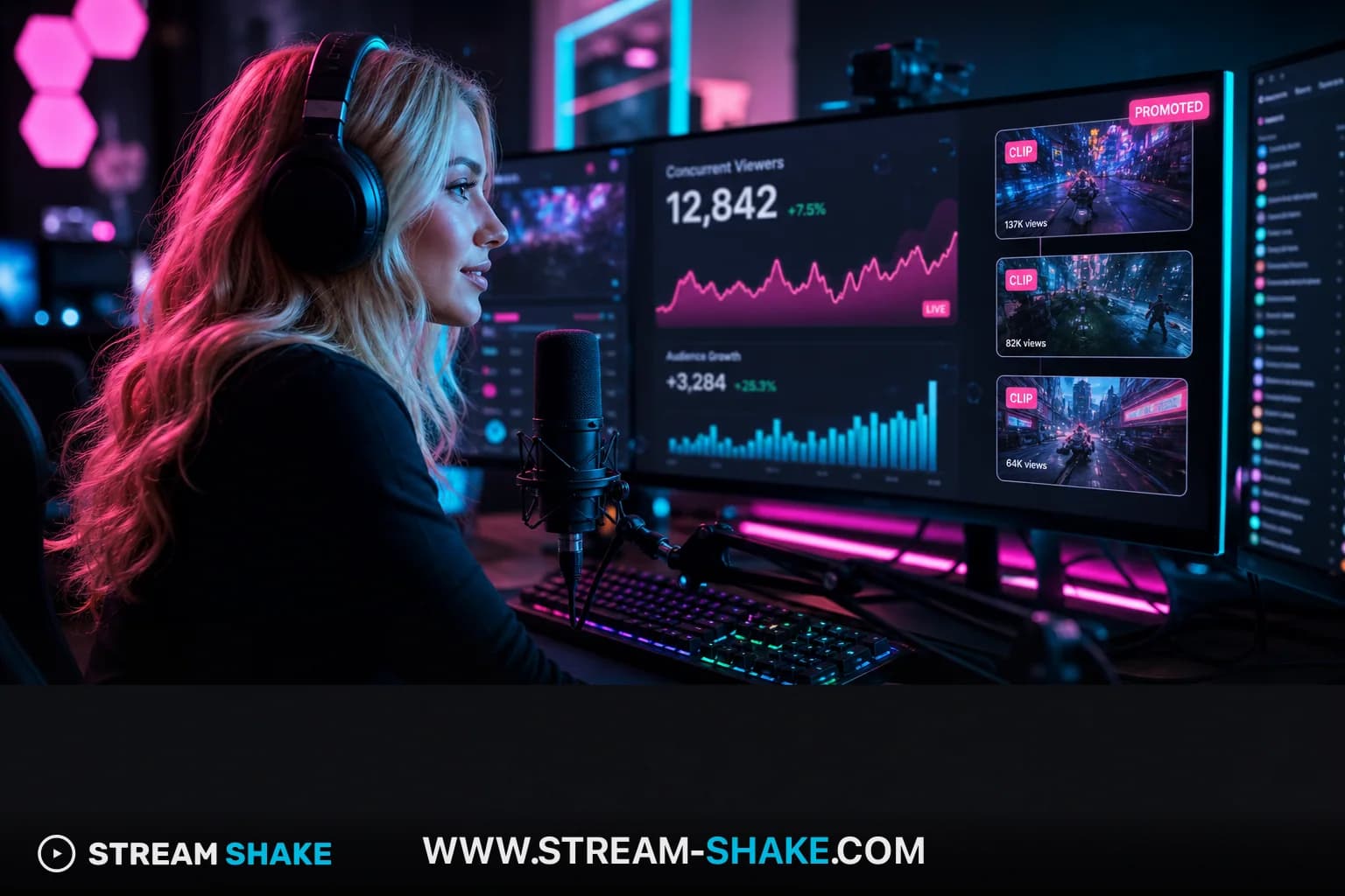 Una grafica vibrante che illustra le metriche del flusso Twitch, gli spettatori e le tendenze di crescita per il 2026, con elementi di visualizzazione dei dati.