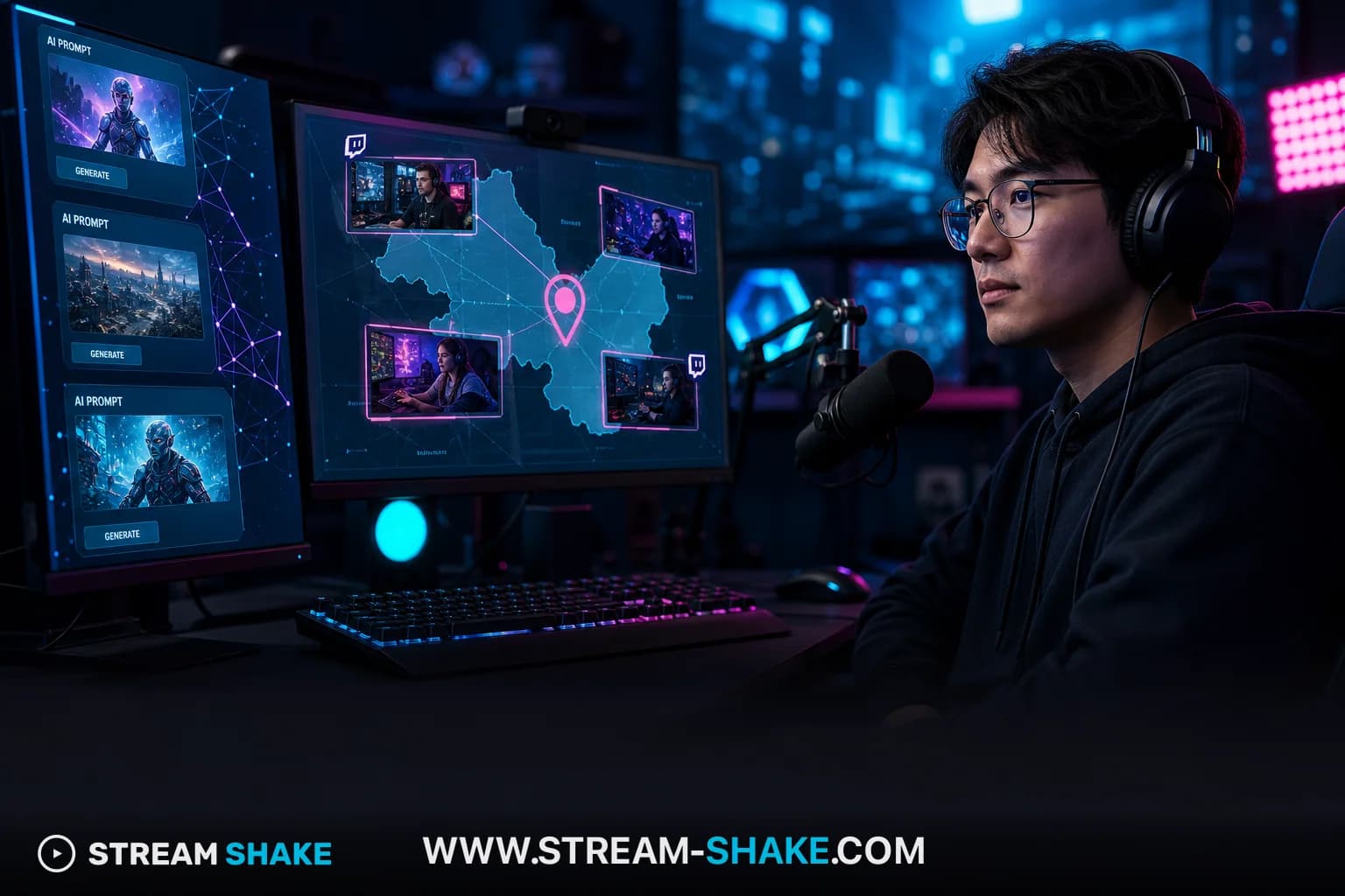 Un'illustrazione che mostra varie sovrapposizioni di stream Twitch con un'icona a mappa che indica una posizione specifica, simboleggiando gli streamer Twitch locali.