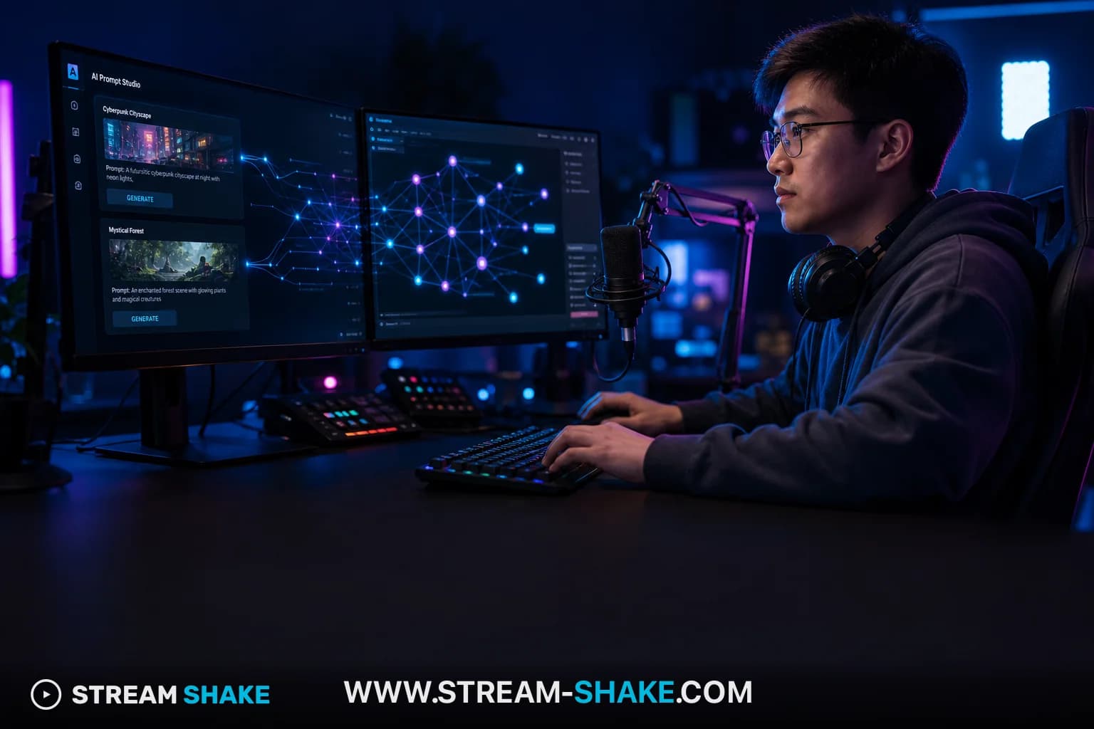Streamer Twitch che guarda un laptop con loghi OnlyFans e icone dei social sullo sfondo, a rappresentare una strategia su due piattaforme.