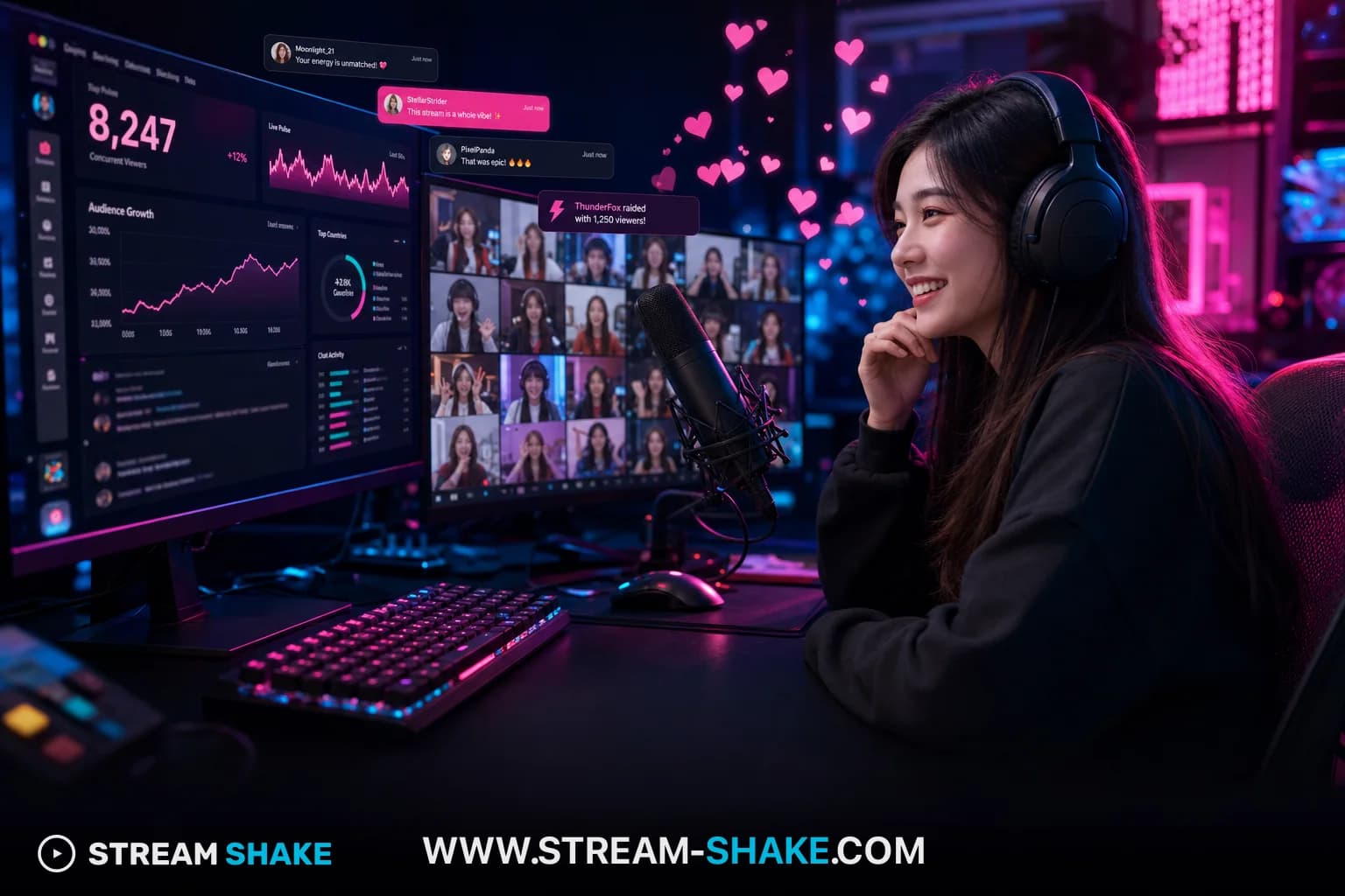 Uno streamer frustrato guarda un monitor che mostra '0 Spettatori' su Twitch, con elementi di stream luminosi intorno, che rappresentano la lotta per la scoperta.