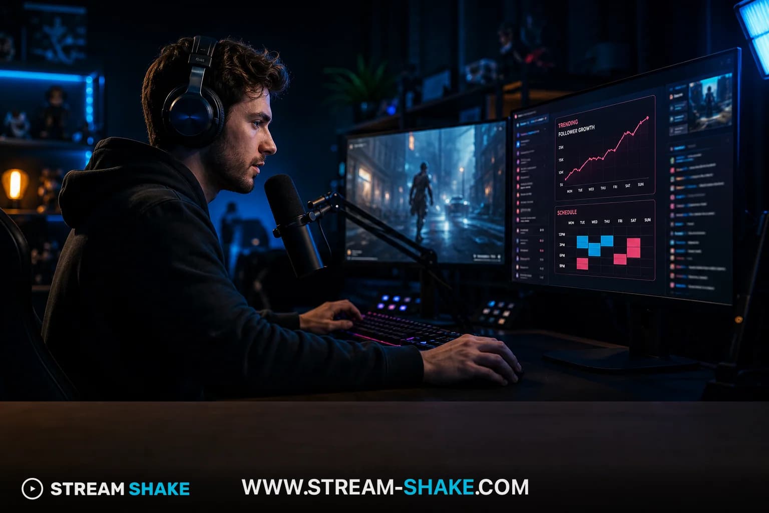 Un streamer su Twitch con un logo OnlyFans subtly visibile sullo sfondo, che rappresenta la strategia di creatore dual-platform.