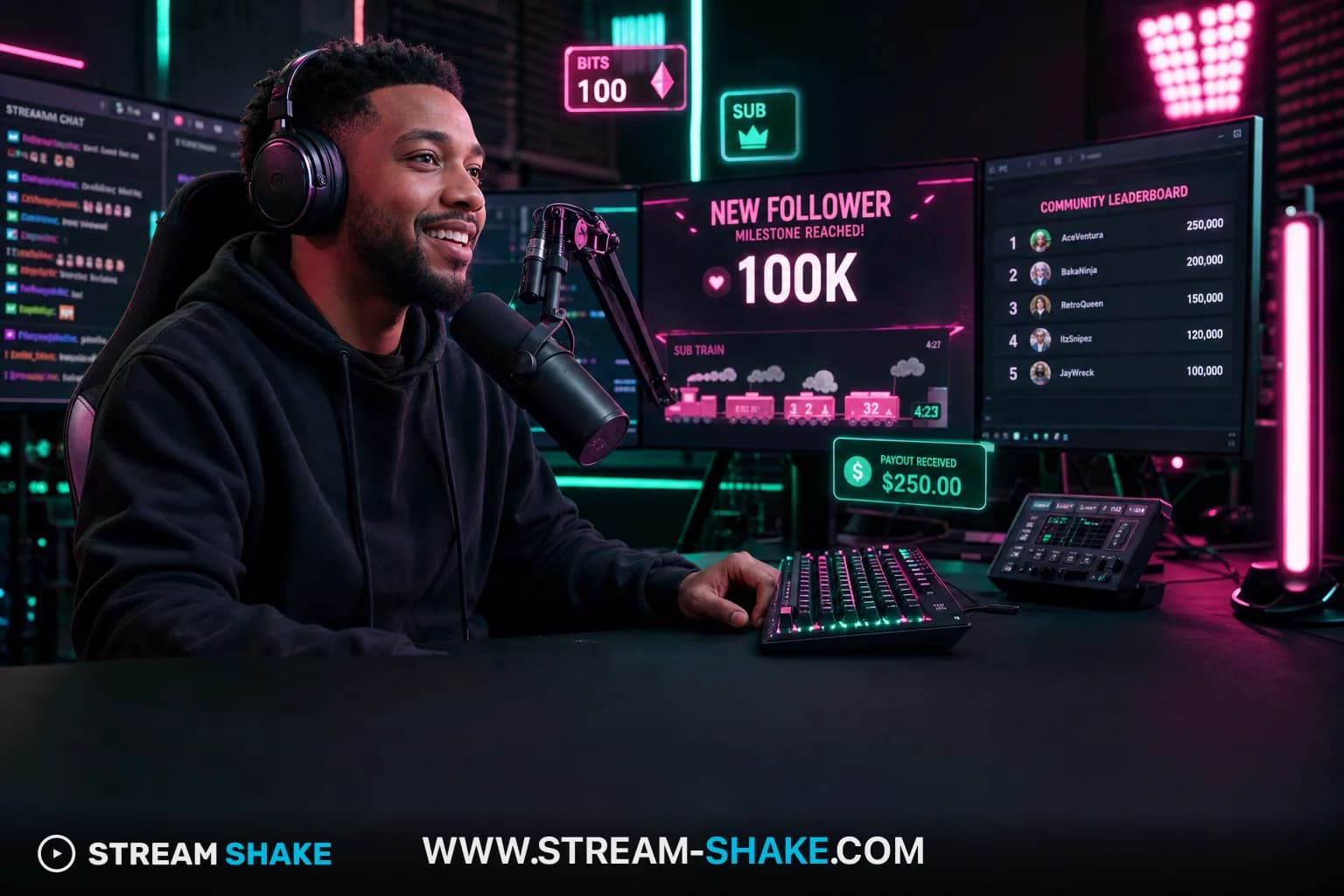 Un collage con le fototos dei migliori streamer Twitch come Kai Cenat, Ibai e Ninja, con il conteggio dei follower visualizzato.