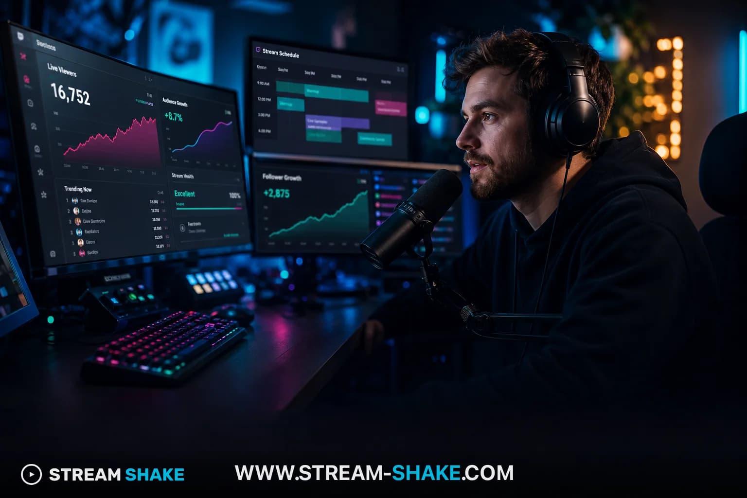 Un'illustrazione che mostra uno streamer di Twitch che trasmette con un overlay che mostra messaggi di chat e conteggi di spettatori, simboleggiando il tempo di visione attivo e l'interazione della comunità.