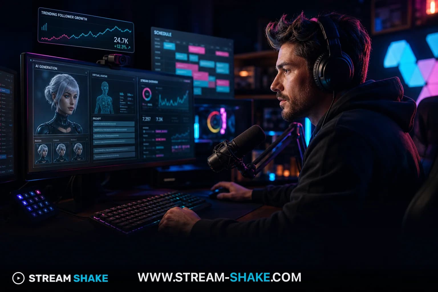 Un avatar virtuale 3D in streaming su Twitch, che rappresenta il fenomeno dello streaming virtuale e la tecnologia.