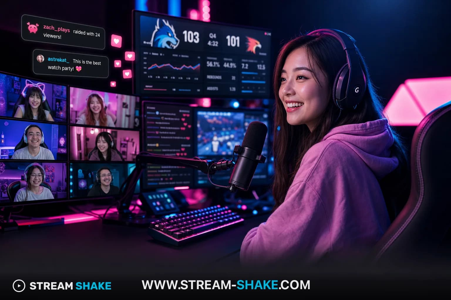 Un luchador profesional, Zelina Vega, streaming en Twitch con un auricular de juego, con el logotipo de Stream Shake marca de agua.