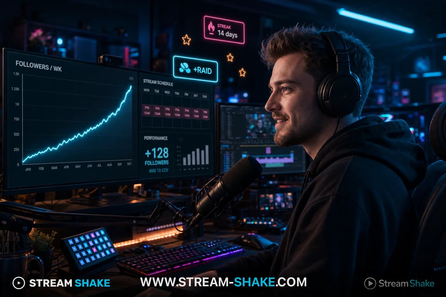 Male Twitch streamer at a neon desk with a trending follower analytics chart — grow your Twitch channel with schedule, clips and mutual viewing