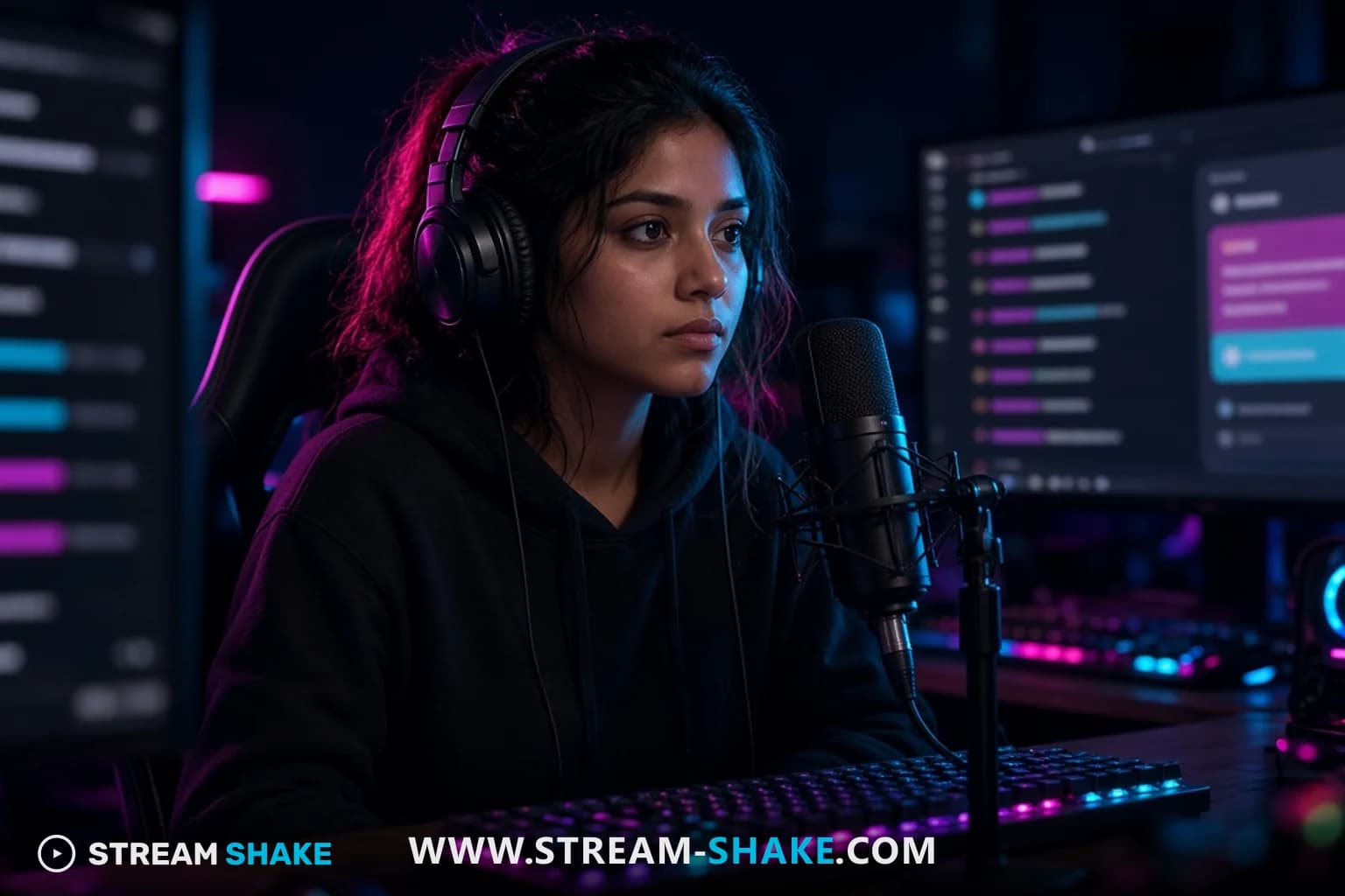 A streamer at a neon desk opens a sponsorship offer, pink and cyan light on a dark multi-monitor setup